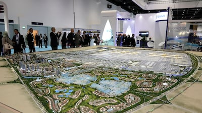 The Al Maktoum International Airport and its surrounding areas are shown in model form. Jeffrey E Biteng / The National.