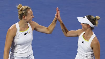 Storm Hunter of Australia, right, and Katerina Siniakova of the Czech Republic celebrate their victory over Ellen Perez of Australia and Nicole Melichar-Martinez of the US in the doubles final. Getty Images