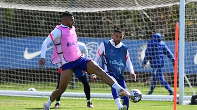 Emerson and Hakim Ziyech of Chelsea during training in Cobham on Monday. Getty