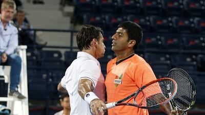 Indian Aces players Rohan Bopanna (R) and Ivan Dodig (L) celebrate a point against Legendari Japan Warrios during their match of the International Premier Tennis League (IPTL) at Dubai Duty Free Tennis Stadium in Dubai, United Arab Emirates, 14 December 2015. EPA/ALI HAIDER