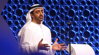 Sheikh Abdullah bin Zayed speaks during a forum to Promoting Peace in Muslim Societies in Abu Dhabi (Sammy Dallal / The National)
