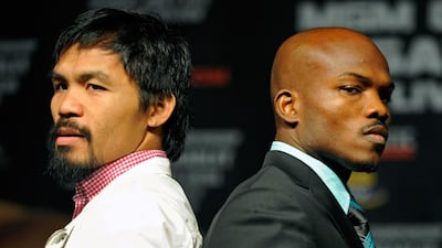Manny Pacquiao and Timothy Bradley ahead of their 2012 fight in Las Vegas. Getty