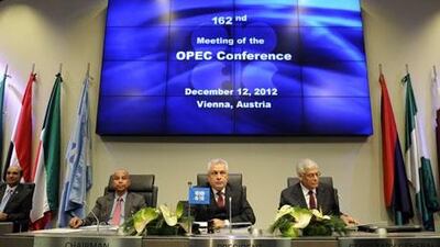 Opec ministers at their meeting in Vienna backed the current leader Abdalla El Badri, right, for another year. Samel Kuabi / AFP