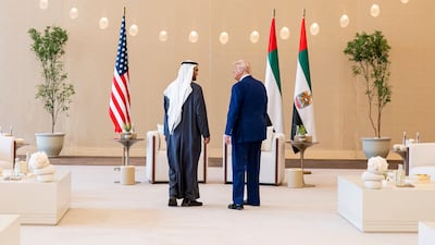 President Sheikh Mohamed welcomes US President Donald Trump in Abu Dhabi on Thursday. The UAE is the third leg of Mr Trump's visit to the region, which has already taken him to Saudi Arabia and Qatar. Ryan Carter / UAE Presidential Court