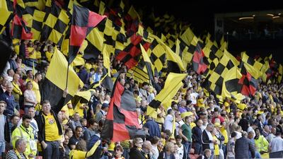 Watford fans wave flags and banners before the match. Hannah McKay / Reuters