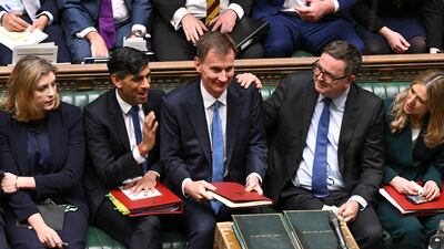 ONE EDITORIAL USE ONLY. NO SALES. NO ARCHIVING. NO ALTERING OR MANIPULATING. NO USE ON SOCIAL MEDIA UNLESS AGREED BY HOC PHOTOGRAPHY SERVICE. MANDATORY CREDIT: UK Parliament/Jessica Taylor Handout photo issued by UK Parliament of Chancellor of the Exchequer Jeremy Hunt is congratulated after delivering his autumn statement in the House of Commons in London. Issue date: Wednesday November 22, 2023. PA Photo. See PA story POLITICS Budget. Photo credit should read: UK Parliament/Jessica Taylor /PA Wire NOTE TO EDITORS: This handout photo may only be used in for editorial reporting purposes for the contemporaneous illustration of events, things or the people in the image or facts mentioned in the caption. Reuse of the picture may require further permission from the copyright holder.