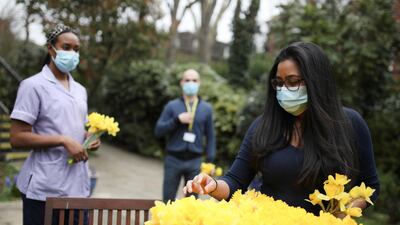A staff member takes daffodils during the day of reflection at the Marie Curie Hospice in Hampstead, in London. Reuters