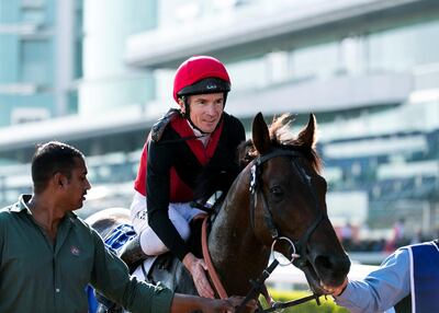 Adrie de Vries on Al Mukhtar Star won the Emirates NBD Thoroughbreds race at Meydan. Reem Mohammed / The National