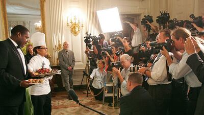 Ms Comerford hosts a media preview of an official dinner in honour of the Japanese prime minister, hosted by George W and Laura Bush. Photo: National Archives