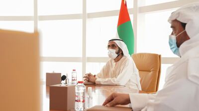 Sheikh Mohammed bin Rashid, Vice President and Ruler of Dubai, meets representatives from Marshal Intech, a subsidiary of the UAE Bin Ghalib Group working to develop a group of satellites that will be launched in December, on Saturday. Courtesy: Dubai Media Office