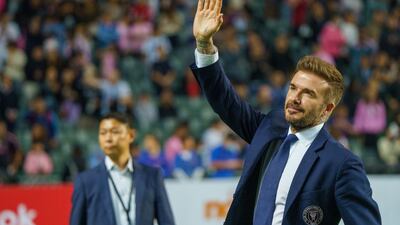 David Beckham, co-owner of Inter Miami, waves to the crowd at the friendly in Hong Kong. Bloomberg