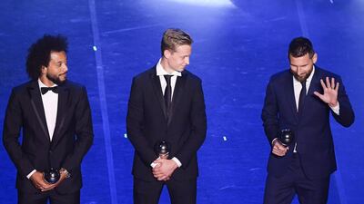 Dutch player Frenkie de Jong (centre), Argentina and Barcelona forward Lionel Messi (right) and Brazilian and Real Madrid defender Marcelo. AFP