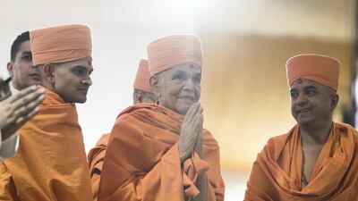 The shilanyas vidhi of the first traditional Hindu temple in the UAE is performed in the holy presence of His Holiness Mahant Swami Maharaj, the spiritual leader of BAPS Swaminarayan Sanstha.