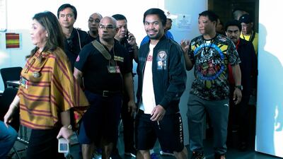 Manny Pacquiao arrives at a gym in Kuala Lumpur ahead of his WBA welterweight title fight against champion Lucas Matthysse on 15 July. EPA