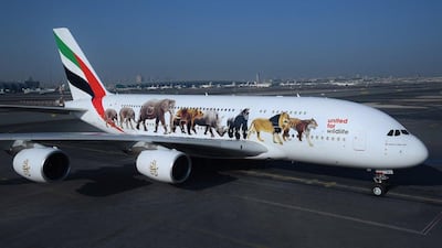An Emirates A380 with a special livery in support of United for Wildlife stands on the runway at Dubai International Airport. Wam