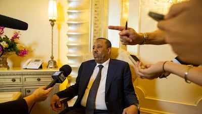 Libya’s prime minister, Abdullah Al Thani, speaks to the media at Emirates Palace in Abu Dhabi. Christopher Pike / The National