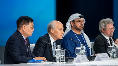 Professor Roger Kornberg, second left, at the World Laureates Summit in Dubai. Prof Kornberg said the inspiring science journals of his youth had been replaced by more conservative media. UAE Presidential Court