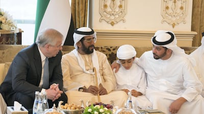 Prince Andrew Duke of York, Sheikh Tahnoon bin Mohammed, Ruler's Representative of the Eastern Region of Abu Dhabi, Sheikh Rashid bin Hamdan bin Zayed and Sheikh Hamdan bin Zayed, Ruler’s Representative in the Western Region of Abu Dhabi, attend a Sea Palace barza. Hamad Al Kaabi / Crown Prince Court - Abu Dhabi