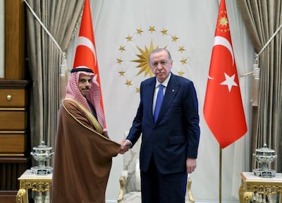 Turkish President Recep Tayyip Erdogan with Saudi Foreign Minister Prince Faisal bin Farhan. Photo: X