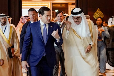 US Secretary of State Marco Rubio departs with Bahrain's Foreign Minister and Chairman of the GCC Ministerial Council session Abdullatif Al Zayani after a meeting with Gulf foreign ministers in Manama on Thursday. Reuters