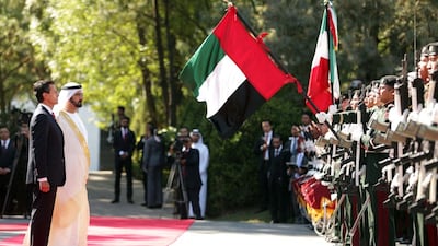 Sheikh Mohammed inspects the guard of honour with Mexican President, Enrique Peña Nieto, during a meeting at Los Pinos Residence in Mexico City. Wam