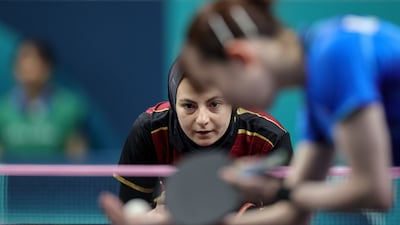 Dina Meshref of Egypt (back) in action during her Women's Round of 32 match against Hina Hayata of Japan of the Table Tennis competitions in the Paris 2024 Olympic Games, at The South Paris Arena in Paris, France, 31 July 2024. EPA / MARTIN DIVISEK