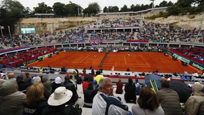 General view during the singles match between Great Britain's Kyle Edmund and Serbia's Dusan Lajovic at the Tasmajdan Stadium, in Belgrade, Serbia. Reuters / Jason Cairnduff
