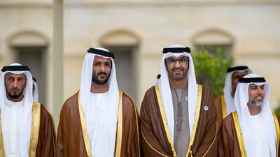 Sheikh Abdulla bin Mohamed, Chairman of the UAE Media Council; Abdulla bin Touq, Minister of Economy; Suhail Al Mazrouei, Minister of Energy and Infrastructure, and Dr Sultan Al Jaber, Minister of Industry and Advanced Technology, group chief executive of Adnoc and chairman of Masdar, in Azerbaijan