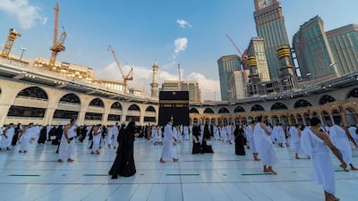 Pilgrims perform tawaf of the Kaaba in compliance with Covid-19 social-distancing norms at the Grand Mosque, in Makkah, Saudi Arabia. SPA