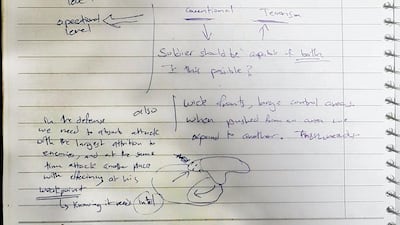 Notes on 'Global Insurgency' in the notebook of an ISIS fighter found in Raqqa.