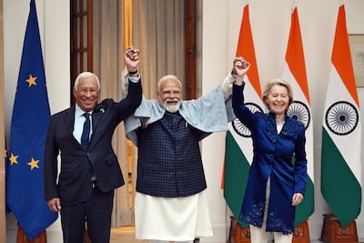 Indian Prime Minister Narendra Modi, centre, with Antonio Costa, President of the European Council, left, and Ursula von der Leyen, President of the European Commission. Bloomberg