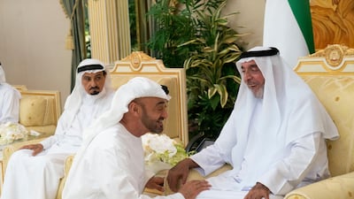 Sheikh Khalifa bin Zayed and Sheikh Mohamed bin Zayed at the President's Palace in Al Bateen. Seen with Sheikh Humaid bin Rashid. Rashed Al Mansoori / Ministry of Presidential Affairs