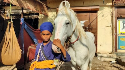 Fateh Singh, 14, stands with his horse at the farmers' protest camp near New Delhi. Taniya Dutta for The National