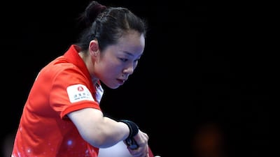Tie Yana of Hong Kong in action against Liu Shiwen of China during Day 1 of the 2016 Table Tennis Asian Cup at Dubai World Trade Centre on April 28, 2016 in Dubai. (Photo by Warren Little/Getty Images)
