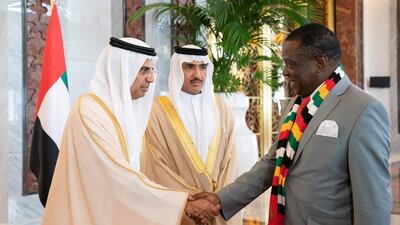 Obaid Al Tayer, UAE Minister of State for Financial Affairs greets Emmerson Mnangagwa, President of Zimbabwe, during a reception at the Presidential Airport. Ryan Carter for the Ministry of Presidential Affairs