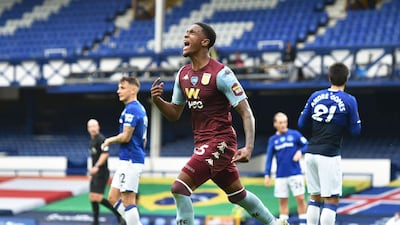 Aston Villa's Ezri Konsa celebrates scoring for Villa during their 1-1 draw against Everton at Goodison Park. Reuters