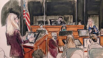 This courtroom sketch shows defence attorney Laura Menninger, far left, as she cross examines a witness. AP