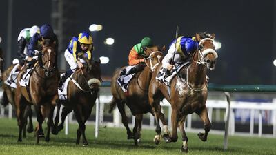 Sanshaawes , right, with jockey Christophe Soumillon aboard, will be ridden by Gavin Lerena for the Jebel Hatta. Sarah Dea / The National