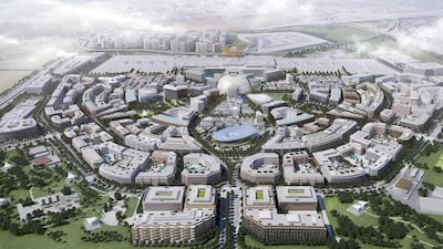 An aerial model of the completed District 2020, part of the wider Dubai South community next to Al Maktoum International Airport. Courtesy of Expo 2020