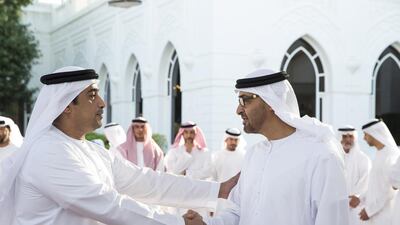 Sheikh Mohammed bin Zayed, Crown Prince of Abu Dhabi and Deputy Supreme Commander of the Armed Forces, greets an Armed Forces servicemen injured while serving the armed forces in Yemen. Seen during a Sea Palace barza. Ryan Carter / Crown Prince Court - Abu Dhabi