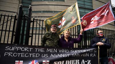 Veterans in support of two men charged over the 1972 killing of official IRA member Joe McCann. Reuters