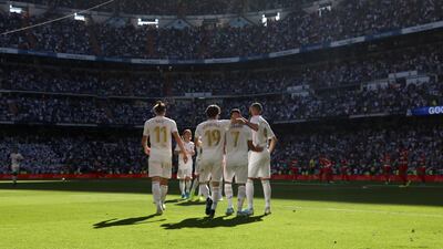 Real Madrid's Eden Hazard celebrates with team mates scoring their second goal. Reuters
