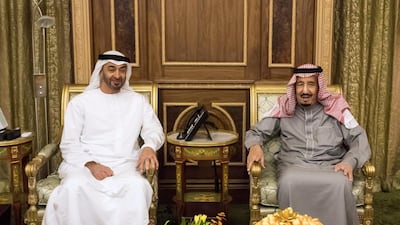 Sheikh Mohammed bin Zayed, Crown Prince of Abu Dhabi and Deputy Supreme Commander of the UAE Armed Forces, left, meets with King Salman Bin Abdulaziz Al Saud, of Saudi Arabia and Custodian of the Two Holy Mosques, at Arqa Palace. Hamad Al Kaabi / Crown Prince Court - Abu Dhabi