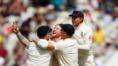 England's Ben Stokes celebrates after taking the final wicket of India's Hardik Pandya at Edgbaston. Reuters