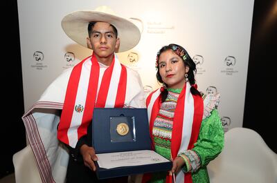 Victor Sanchez Gutierrez and Xiomara Calderon Avila from Colegio De Alto Rendimiento De La Libertad in Peru, which won in the Global High Schools category. Pawan Singh / The National
