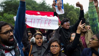 Demonstrators shout slogans in New Delhi. AFP
