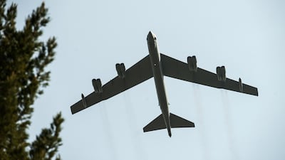 A B-52 bomber from North Dakota does a flyby for the Centennial anniversary of the creation of the La Fayette Escadrille at the Escadrille Memorial in Marnes-la-Coquette, France. AFP