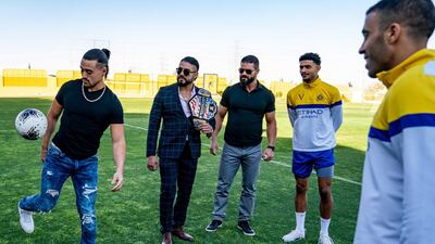 WWE Superstars Angel Garza, Andrade and Robert Roode visit Saudi National League football champions Al Nassr in Riyadh. Photo by Craig Melvin