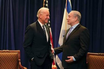 Then US vice president Joe Biden seen with Israel’s Prime Minister Benjamin Netanyahu in Washington in 2010. File photo / Reuters