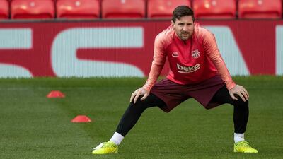 Barcelona's Lionel Messi during the press conference at Old Trafford, Manchester. AP